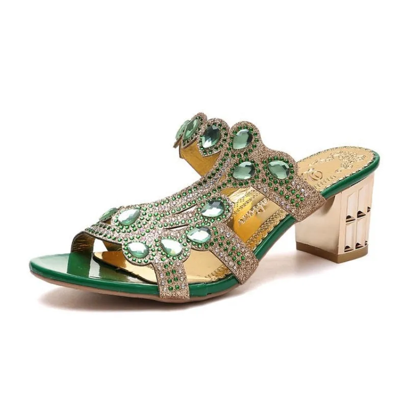 2023 New Hot Glitter Mesh Women Sandals Summer Fashion Outdoor Peep Toe Casual Beach Slippers Thick Heel Slip on Women Sandals