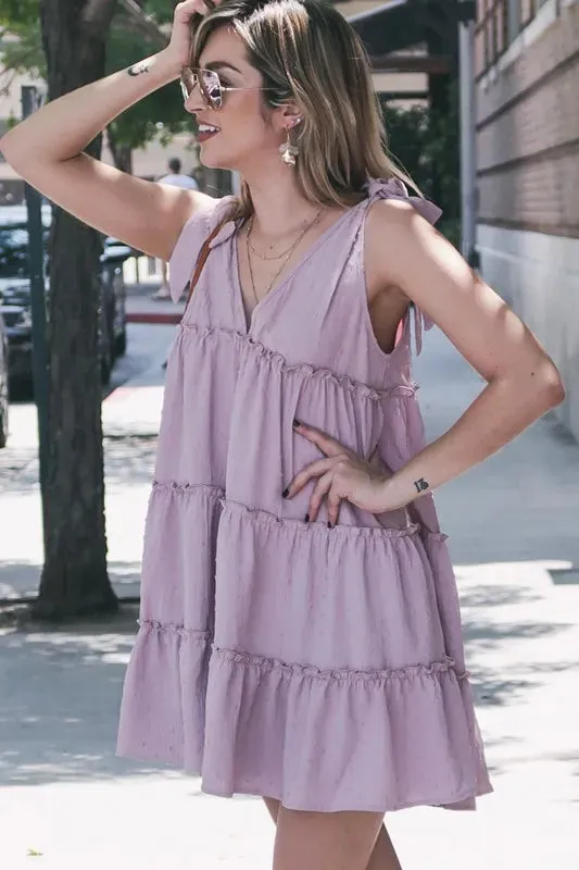 And The Why Polka Dot Textured Layered Flounce Ruffle Dress In Lavender