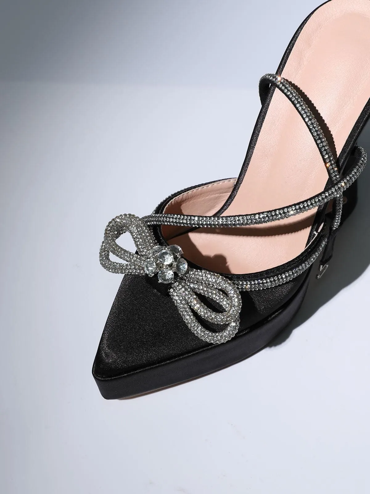 BOW CRYSTAL SATIN HEELS IN BLACK