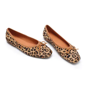 Casual Leopard Print Pony Hair Flats Square Toe Bowknot Slip-On Shoes in Brown