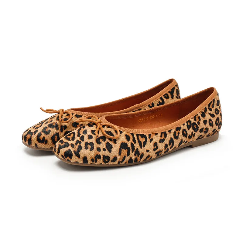 Casual Leopard Print Pony Hair Flats Square Toe Bowknot Slip-On Shoes in Brown