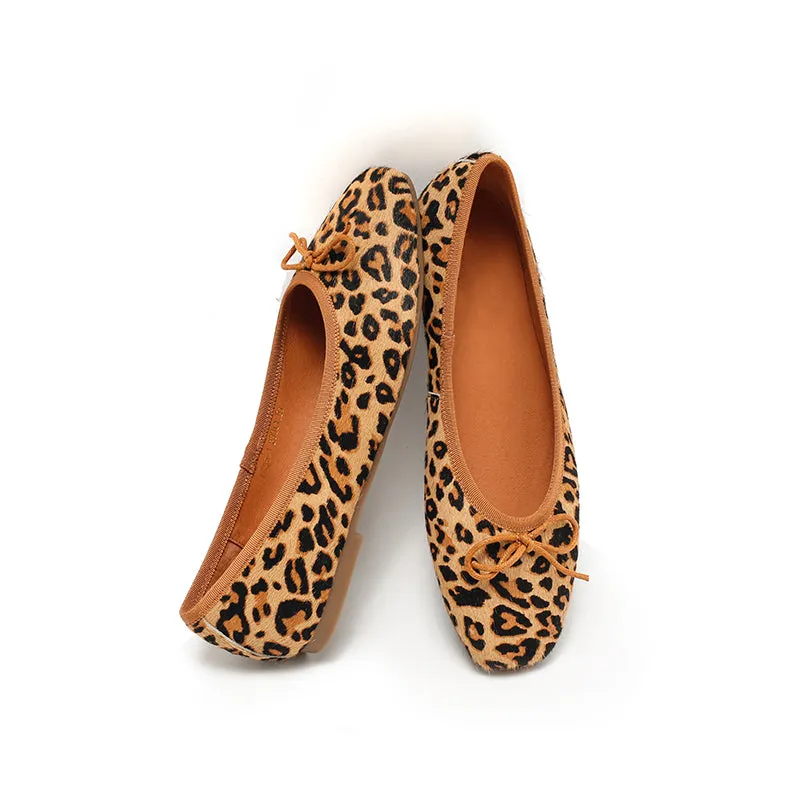 Casual Leopard Print Pony Hair Flats Square Toe Bowknot Slip-On Shoes in Brown