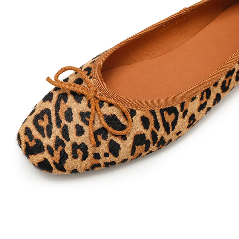 Casual Leopard Print Pony Hair Flats Square Toe Bowknot Slip-On Shoes in Brown