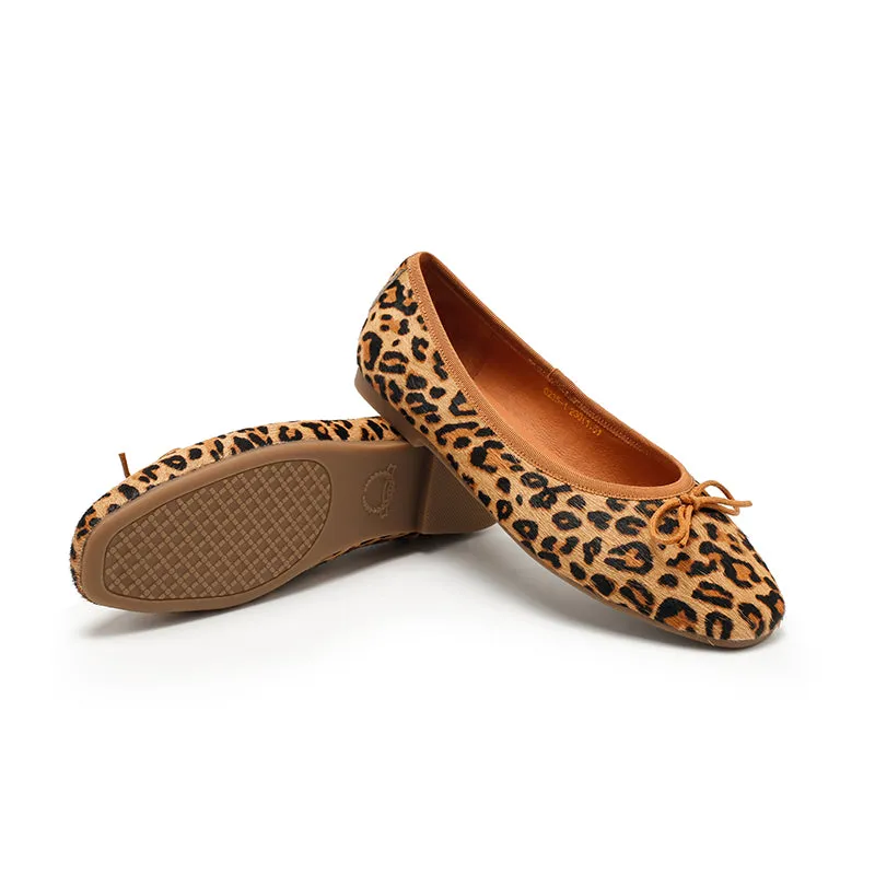 Casual Leopard Print Pony Hair Flats Square Toe Bowknot Slip-On Shoes in Brown