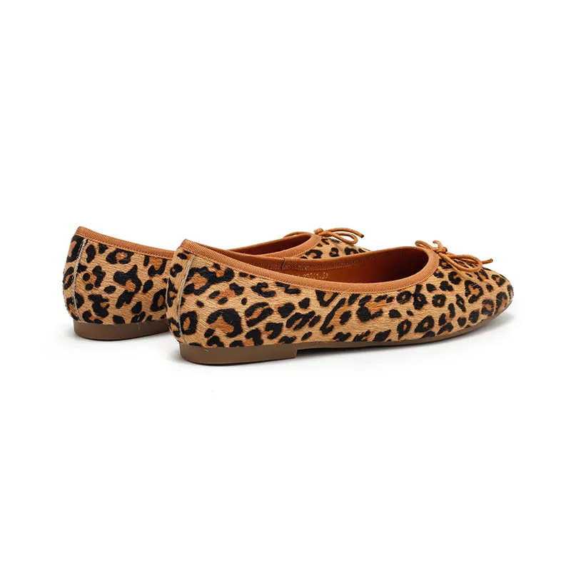 Casual Leopard Print Pony Hair Flats Square Toe Bowknot Slip-On Shoes in Brown