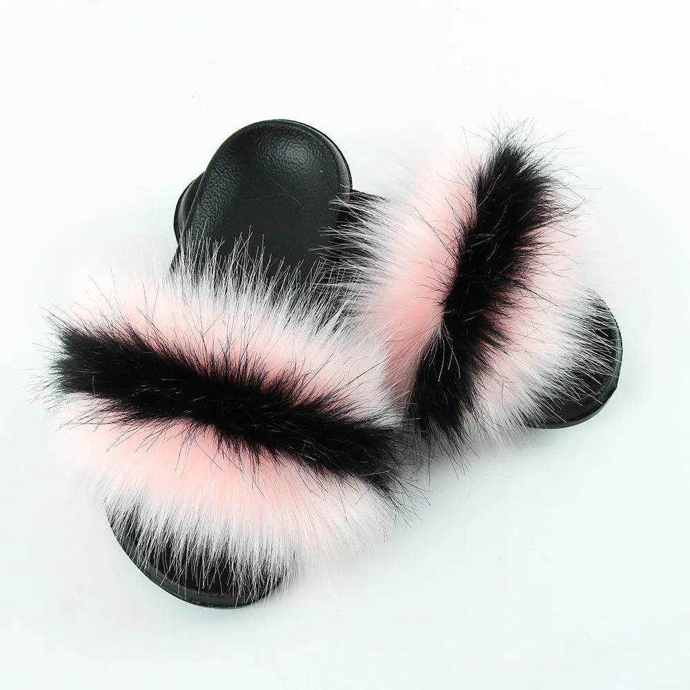 Chicvane Striped Color Block Faux Fur Open Toe Fluffy Flat Sleeper Slides For Women