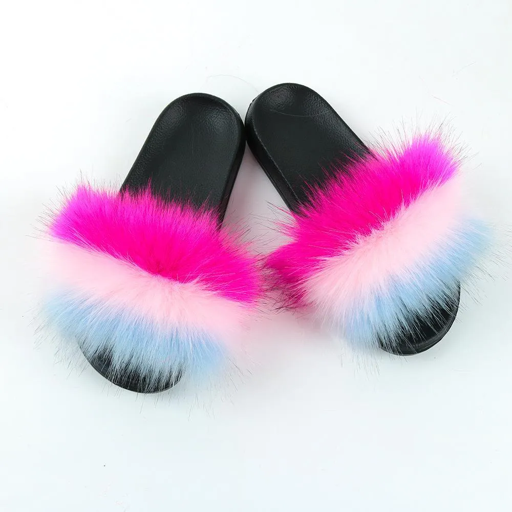 Chicvane Striped Color Block Faux Fur Open Toe Fluffy Flat Sleeper Slides For Women