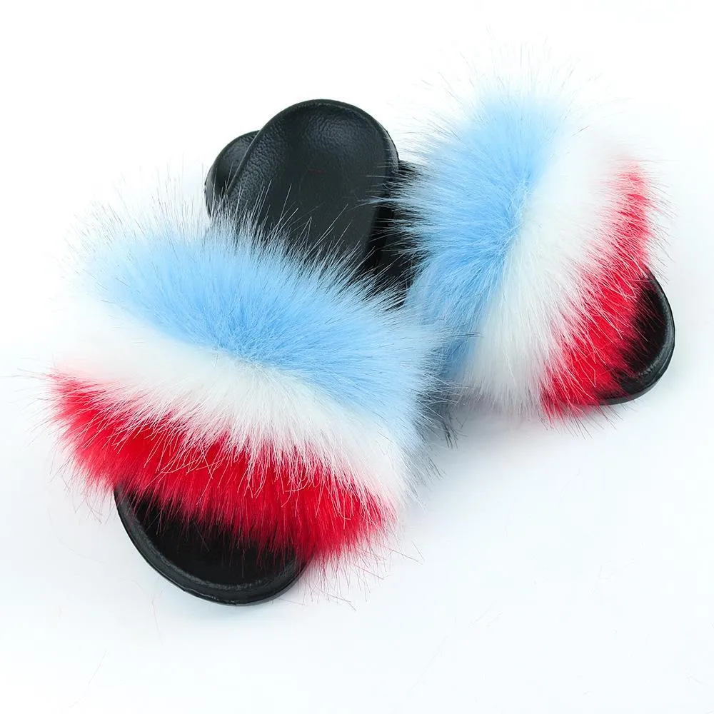 Chicvane Striped Color Block Faux Fur Open Toe Fluffy Flat Sleeper Slides For Women
