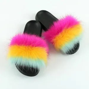 Chicvane Striped Color Block Faux Fur Open Toe Fluffy Flat Sleeper Slides For Women