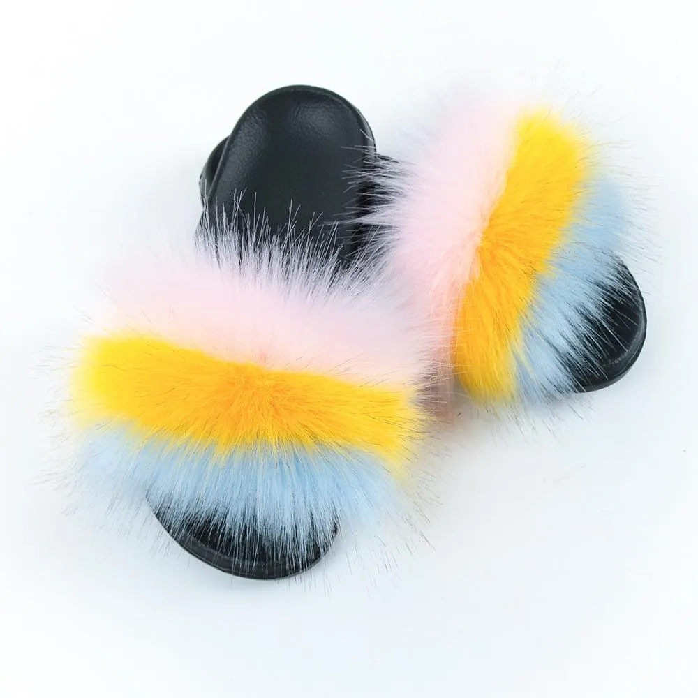 Chicvane Striped Color Block Faux Fur Open Toe Fluffy Flat Sleeper Slides For Women