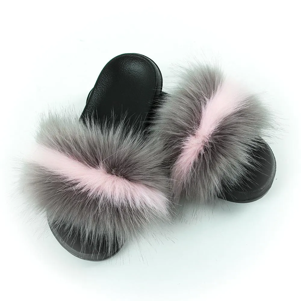 Chicvane Striped Color Block Faux Fur Open Toe Fluffy Flat Sleeper Slides For Women
