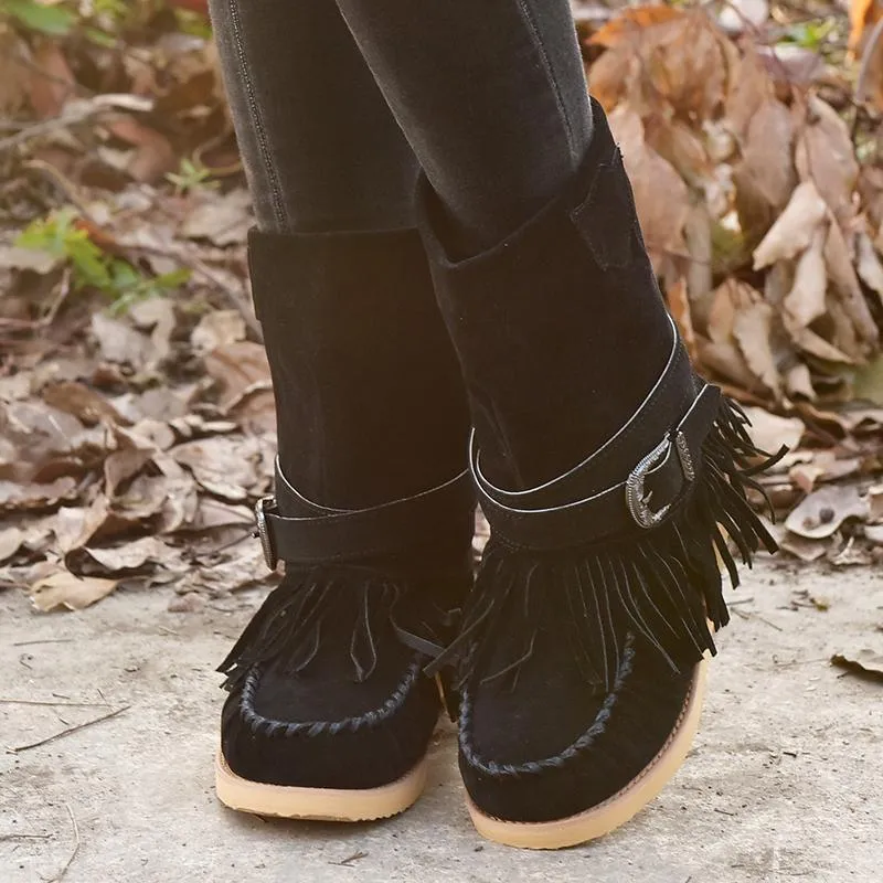 Chicvane Suede Womens Square Toe Tassels Slip-On Flat Sandals