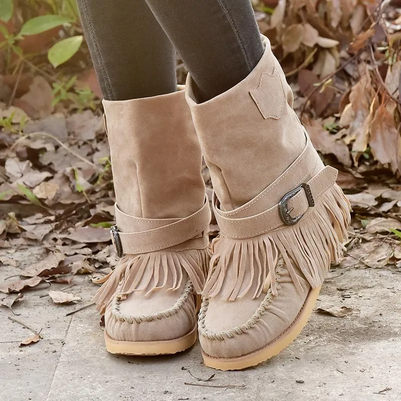 Chicvane Suede Womens Square Toe Tassels Slip-On Flat Sandals