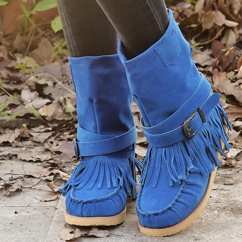 Chicvane Suede Womens Square Toe Tassels Slip-On Flat Sandals