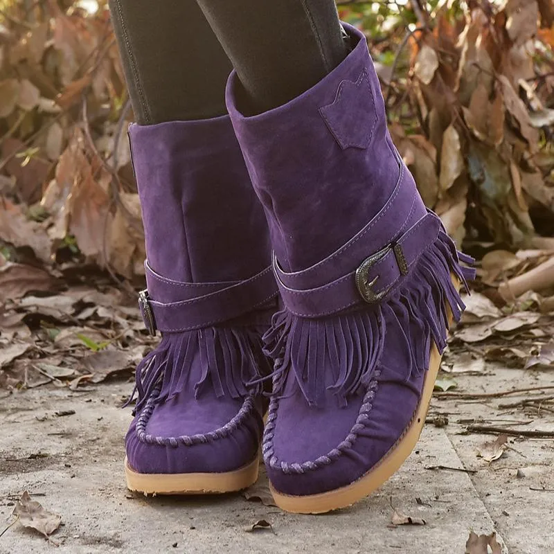 Chicvane Suede Womens Square Toe Tassels Slip-On Flat Sandals