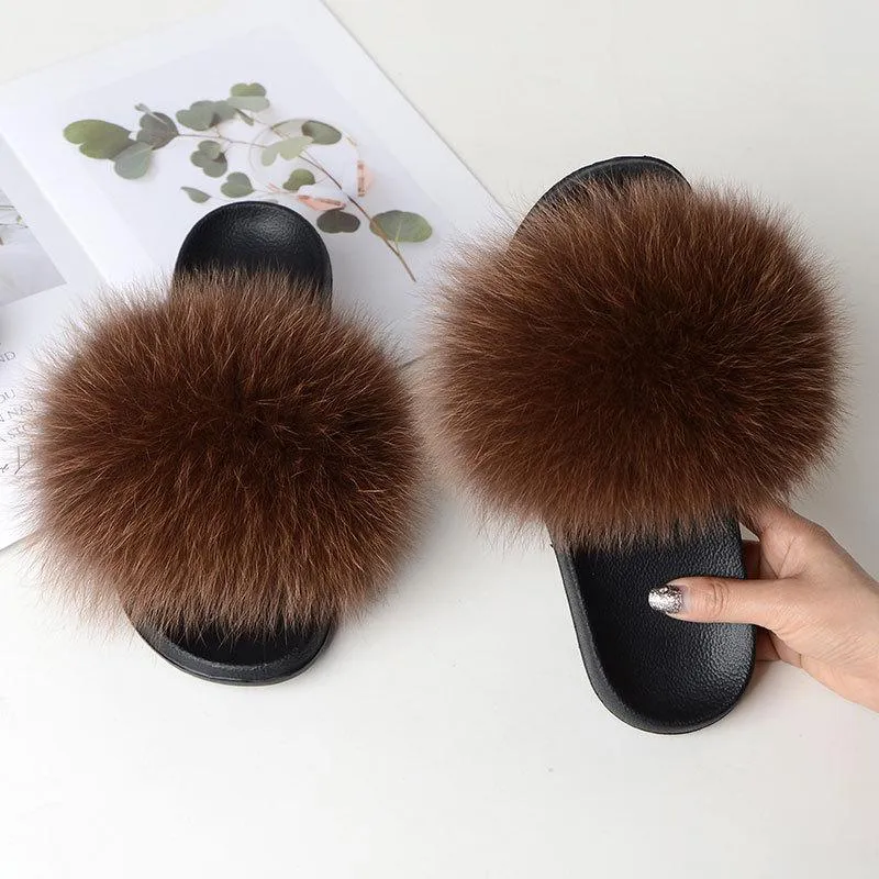 Chicvane Women's Solid Color Fox Fur Open Toe Fluffy Slide On House Slippers