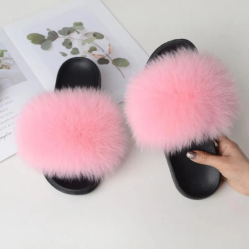 Chicvane Women's Solid Color Fox Fur Open Toe Fluffy Slide On House Slippers
