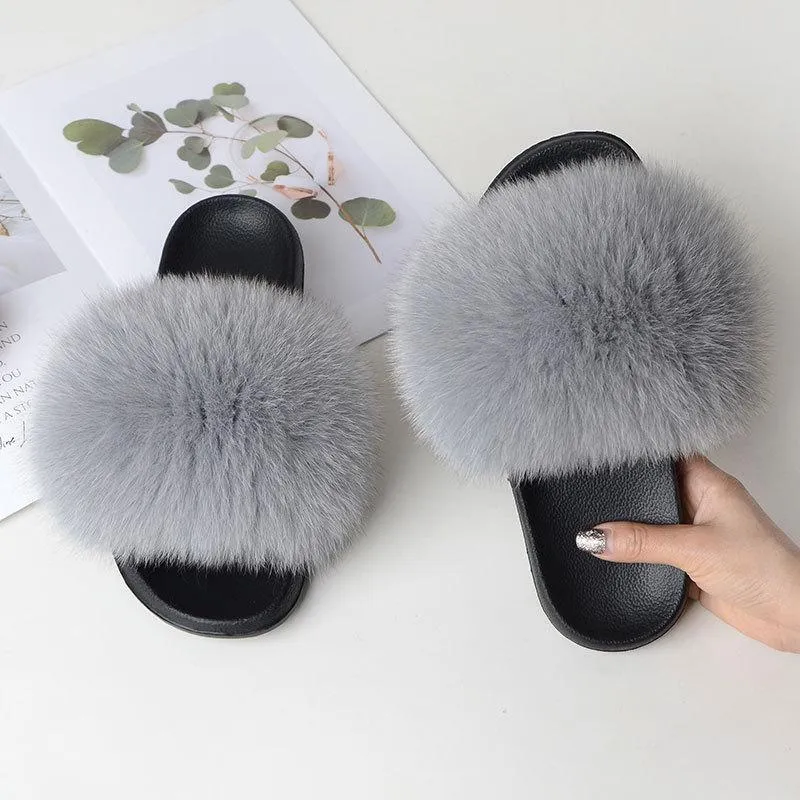 Chicvane Women's Solid Color Fox Fur Open Toe Fluffy Slide On House Slippers