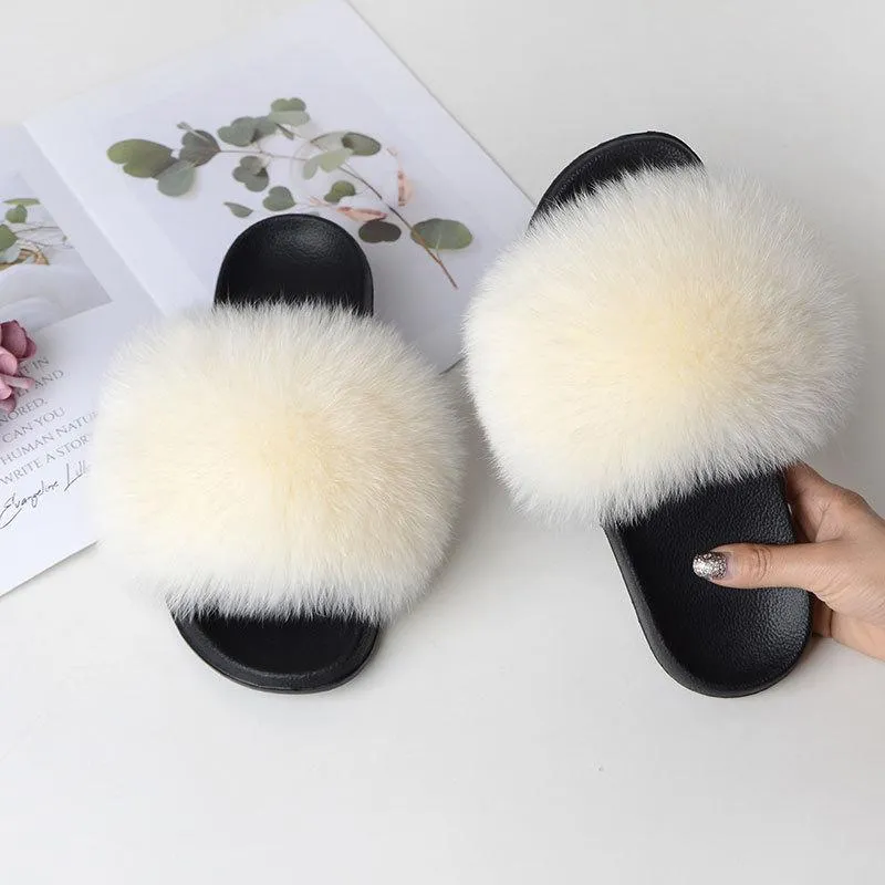 Chicvane Women's Solid Color Fox Fur Open Toe Fluffy Slide On House Slippers