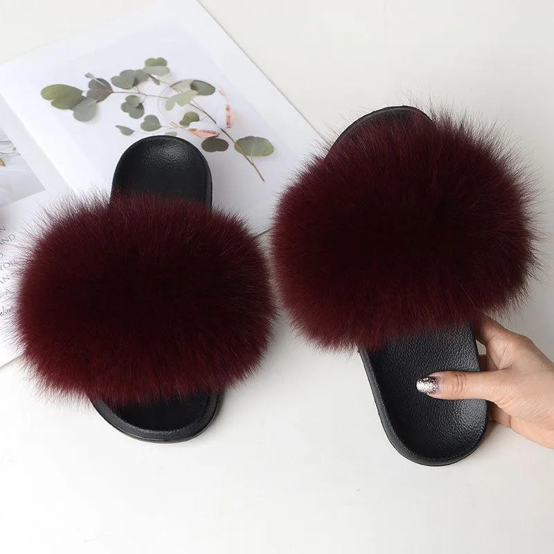 Chicvane Women's Solid Color Fox Fur Open Toe Fluffy Slide On House Slippers
