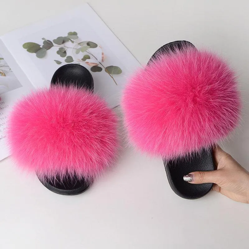 Chicvane Women's Solid Color Fox Fur Open Toe Fluffy Slide On House Slippers