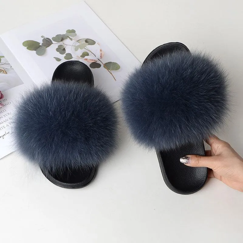 Chicvane Women's Solid Color Fox Fur Open Toe Fluffy Slide On House Slippers