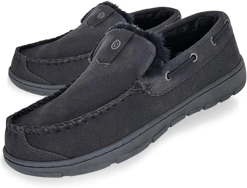 Clarks Mens Suede Venetian Moccasin Slipper LB0534 - Warm Plush Faux Fur Lining - Indoor Outdoor House Slippers For Men