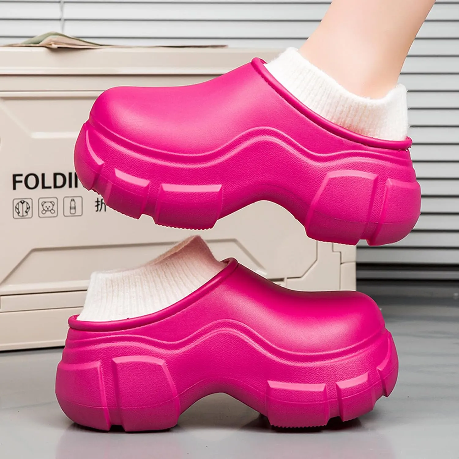 FLIOZY Womens Fur Lined Clogs Winter Warm Platform House Slippers Garden Shoes Indoor Outdoor Waterproof Rain Boots