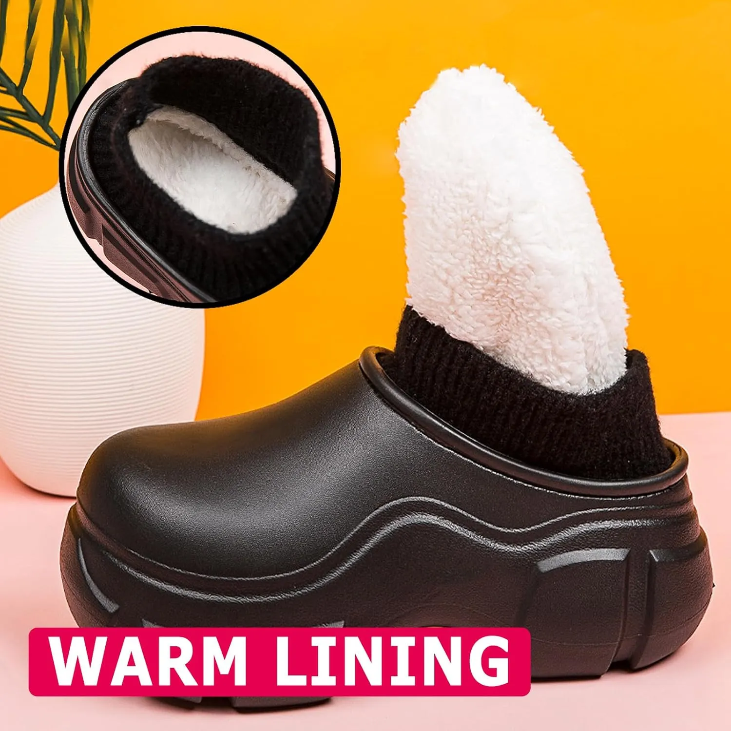 FLIOZY Womens Fur Lined Clogs Winter Warm Platform House Slippers Garden Shoes Indoor Outdoor Waterproof Rain Boots