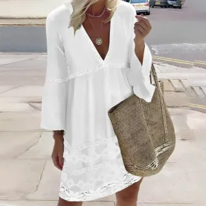 Fresh White Long Sleeve V-Neck Eyelet Mini Dress