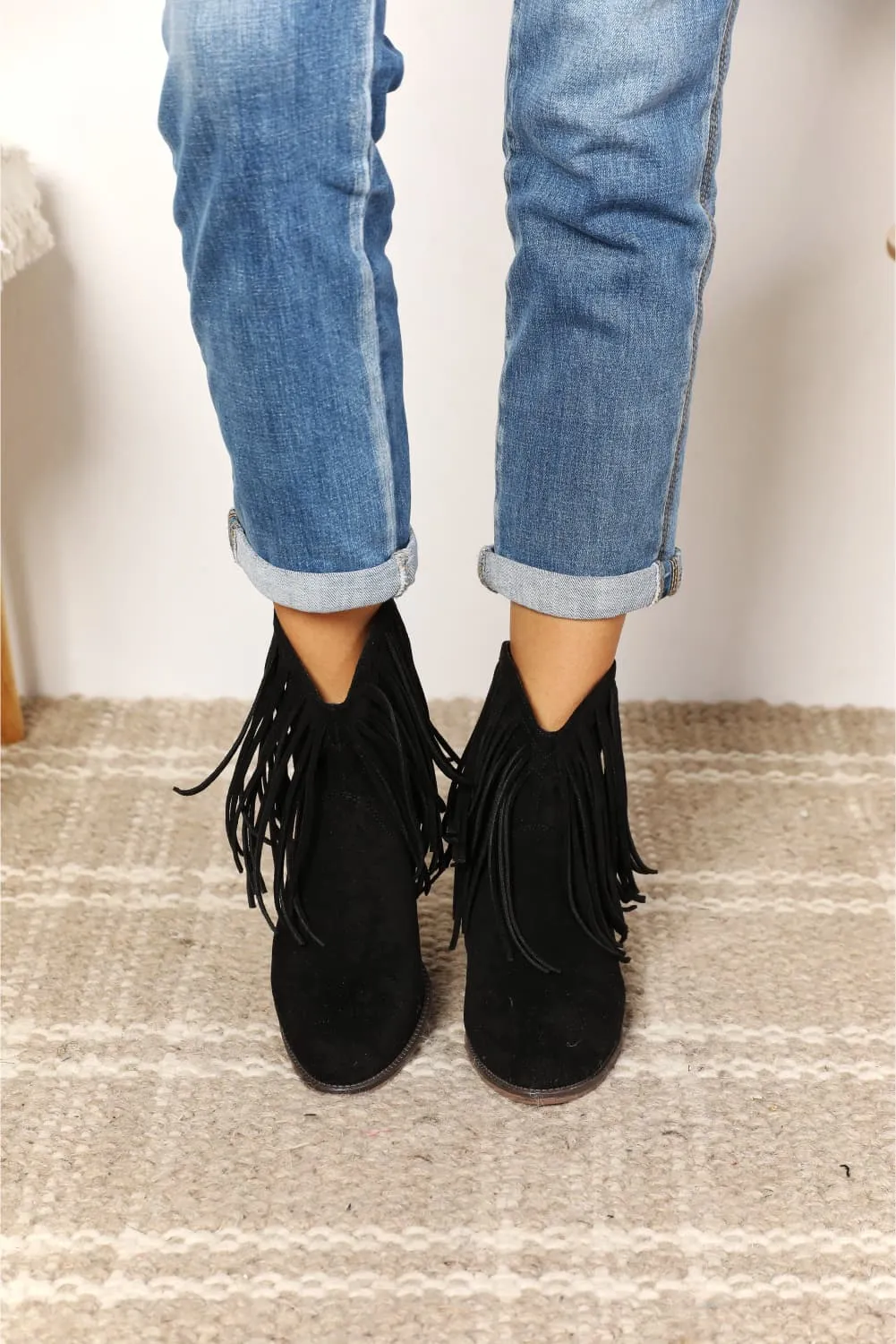 Fringe Cowboy Western Ankle Boots in Black