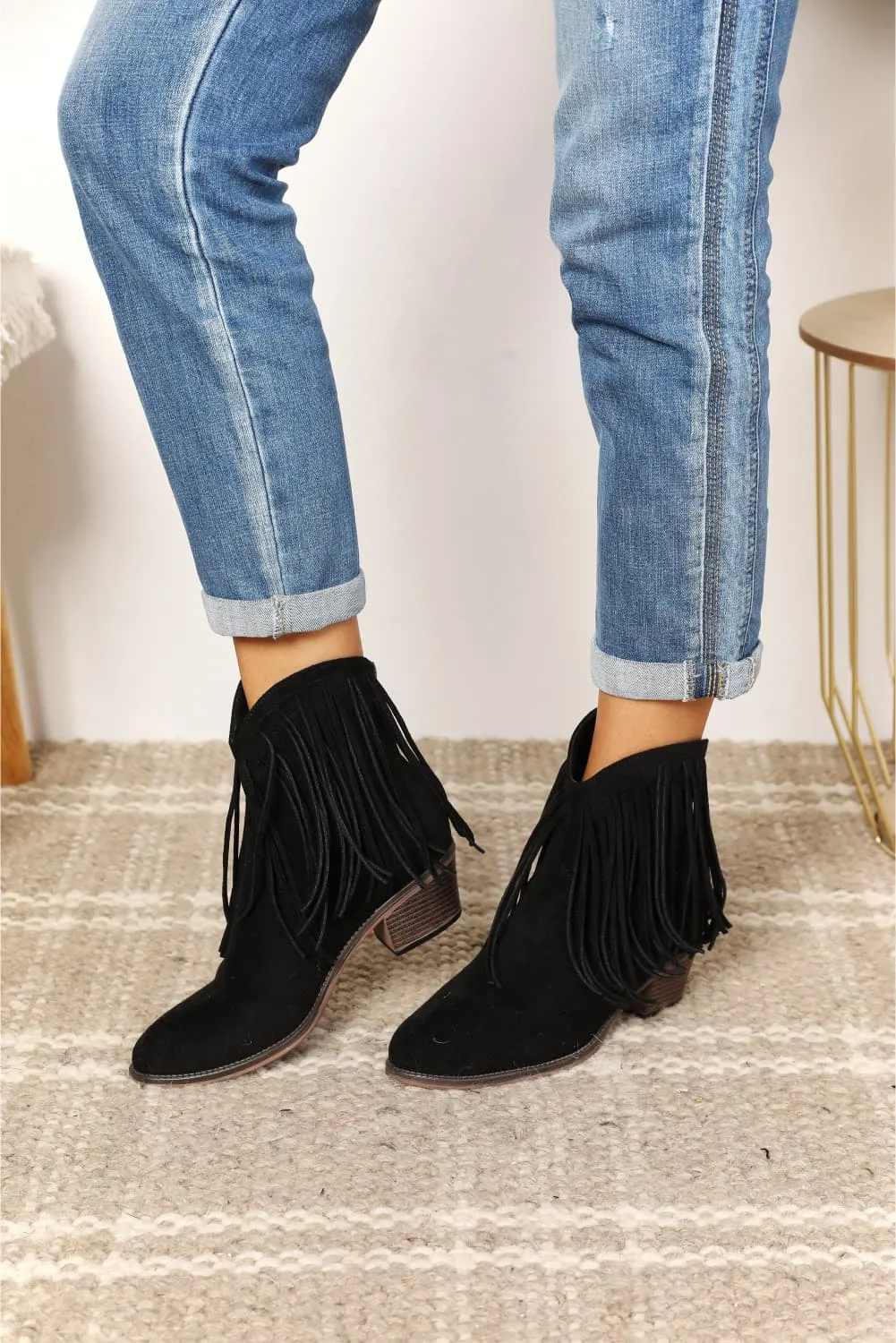 Fringe Cowboy Western Ankle Boots in Black