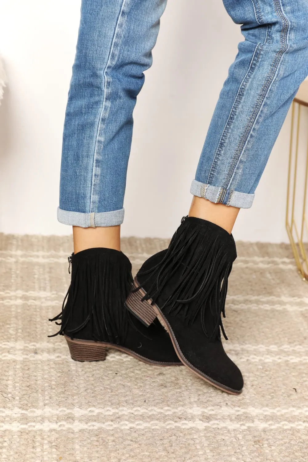 Fringe Cowboy Western Ankle Boots in Black