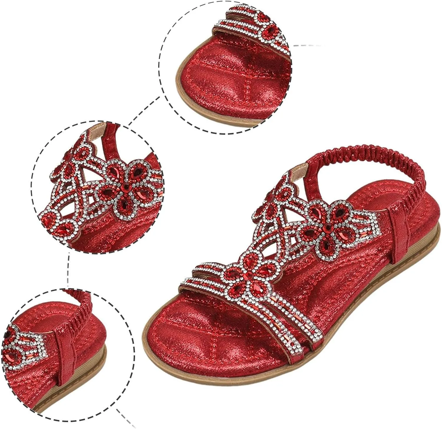 Girls Bohemian Crystal Flats Low Wedge Rhinestone Sandals Open Toe Elastic Ankle T-Strap Flip Flops for Wedding