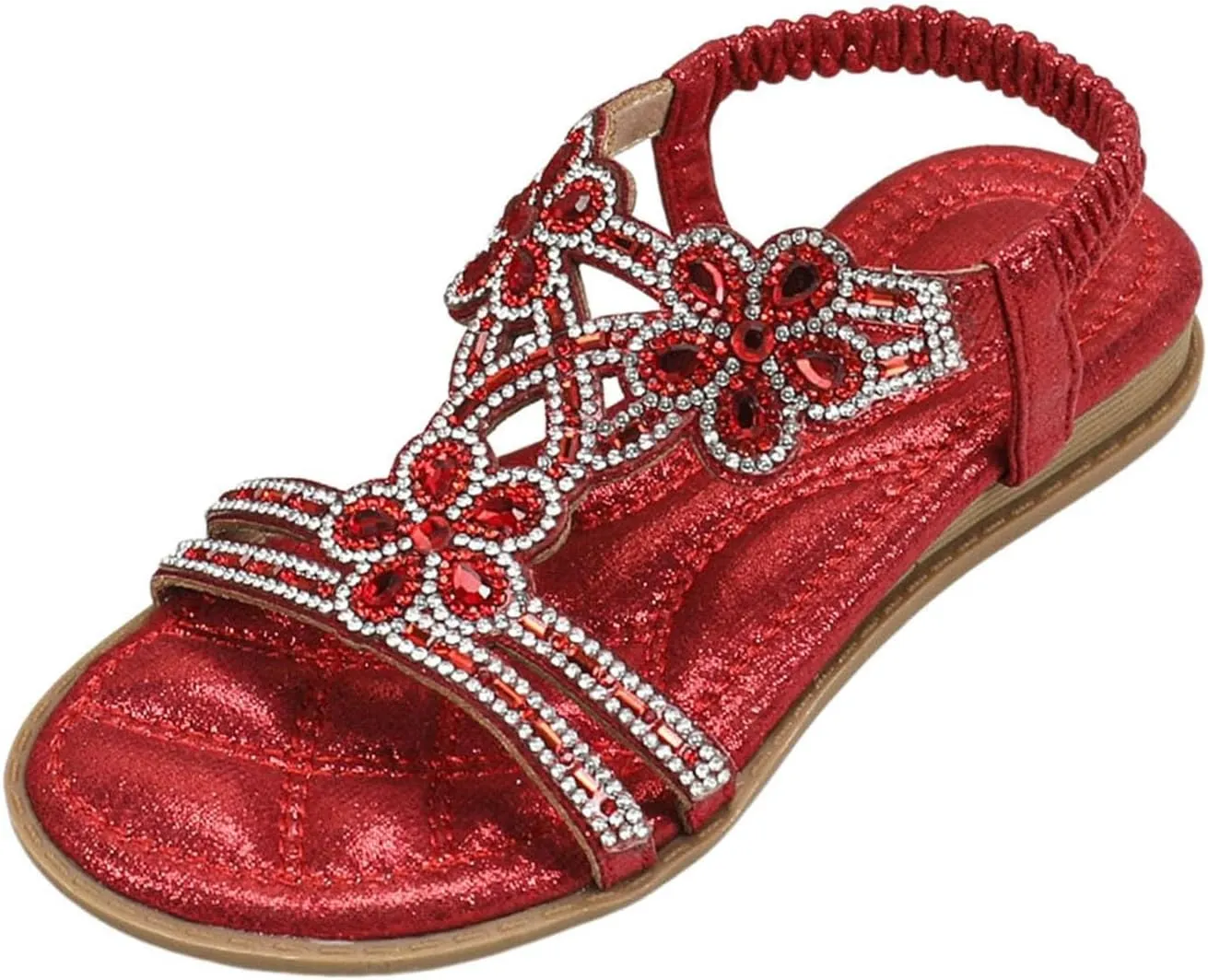 Girls Bohemian Crystal Flats Low Wedge Rhinestone Sandals Open Toe Elastic Ankle T-Strap Flip Flops for Wedding