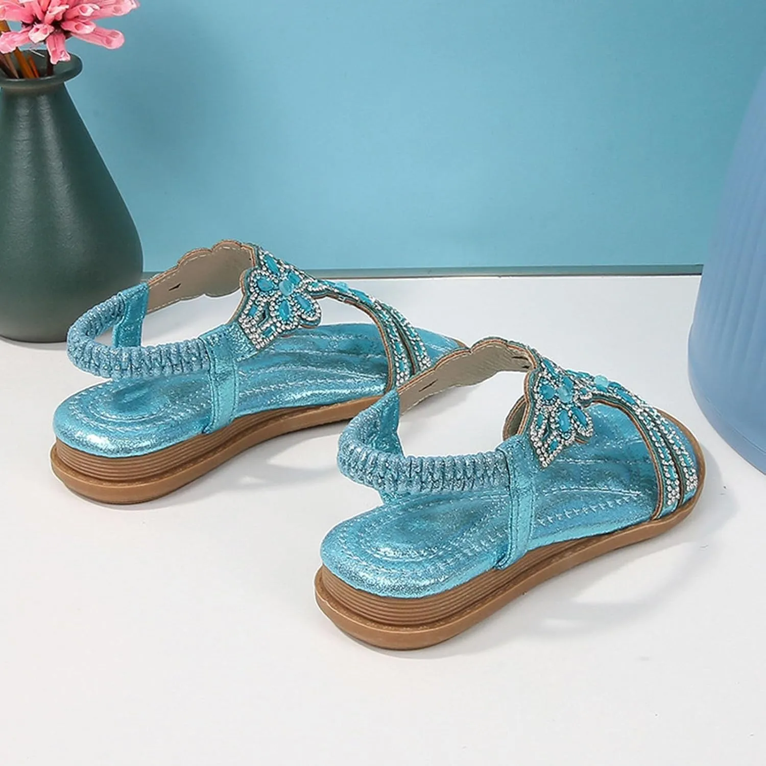 Girls Bohemian Crystal Flats Low Wedge Rhinestone Sandals Open Toe Elastic Ankle T-Strap Flip Flops for Wedding