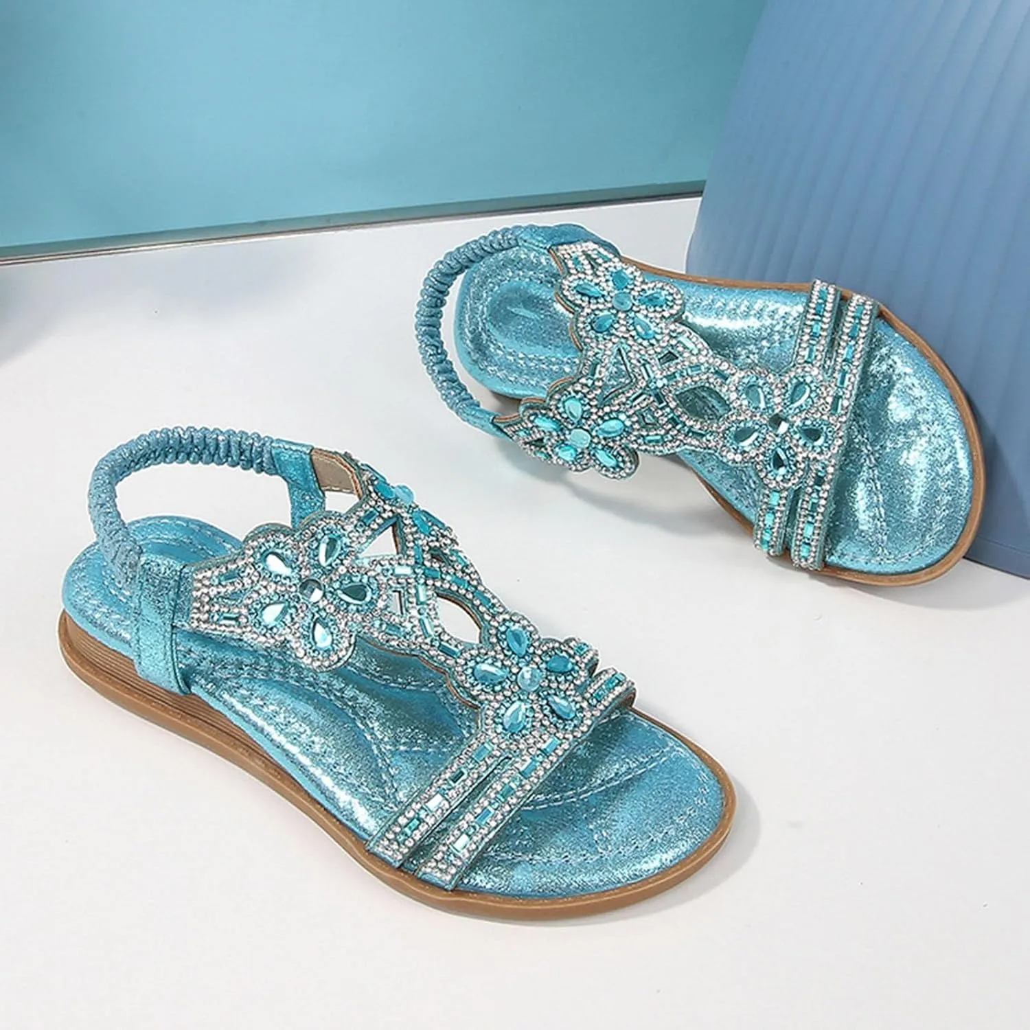 Girls Bohemian Crystal Flats Low Wedge Rhinestone Sandals Open Toe Elastic Ankle T-Strap Flip Flops for Wedding