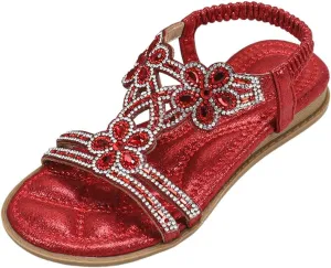Girls Bohemian Crystal Flats Low Wedge Rhinestone Sandals Open Toe Elastic Ankle T-Strap Flip Flops for Wedding