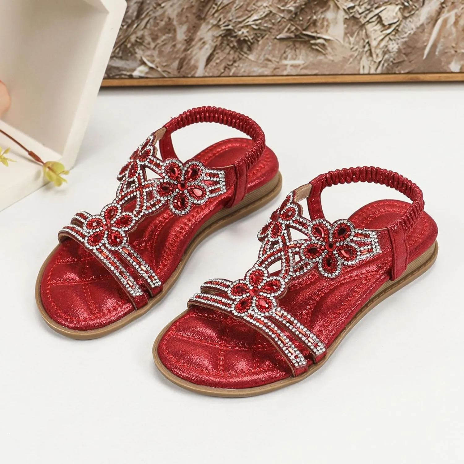 Girls Bohemian Crystal Flats Low Wedge Rhinestone Sandals Open Toe Elastic Ankle T-Strap Flip Flops for Wedding