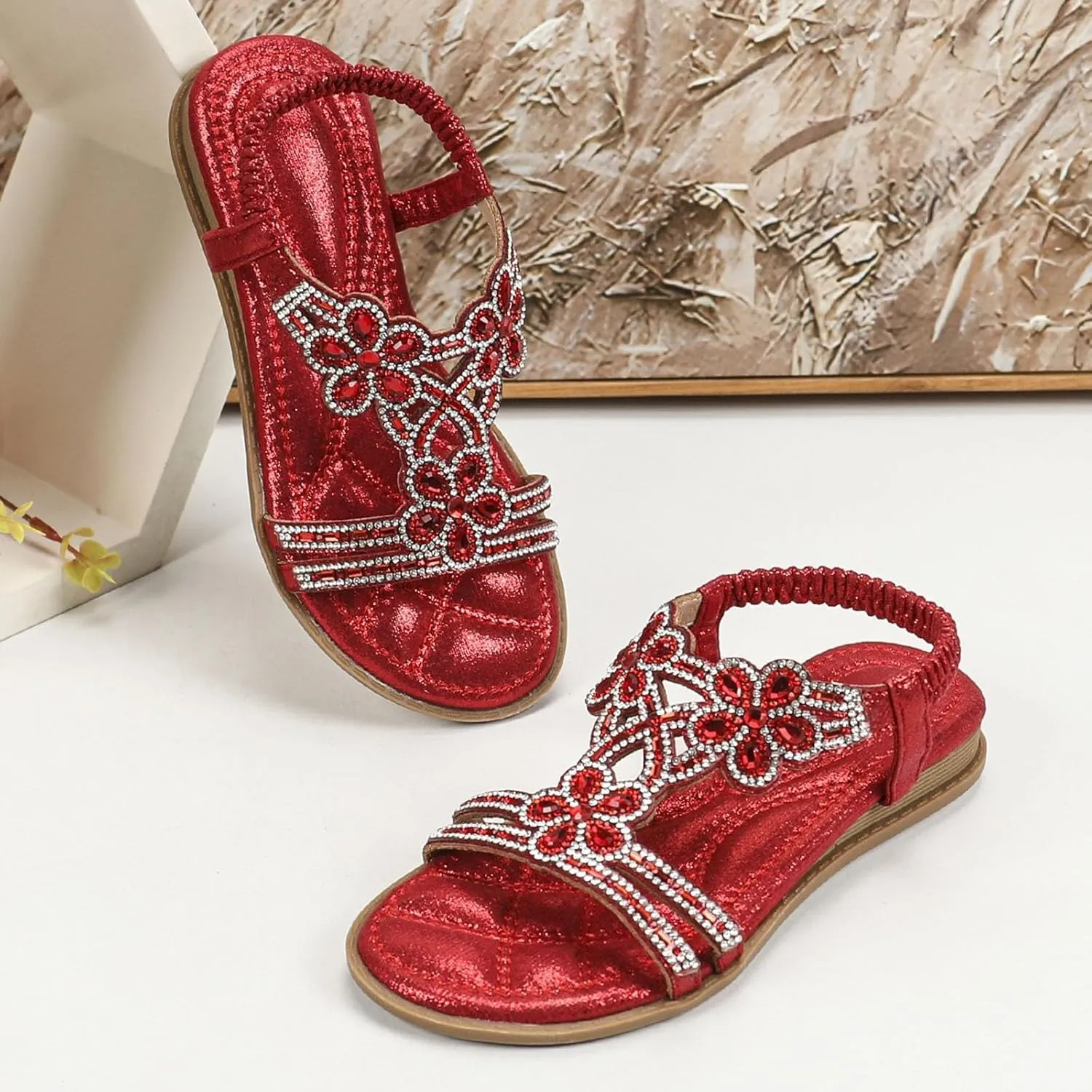 Girls Bohemian Crystal Flats Low Wedge Rhinestone Sandals Open Toe Elastic Ankle T-Strap Flip Flops for Wedding