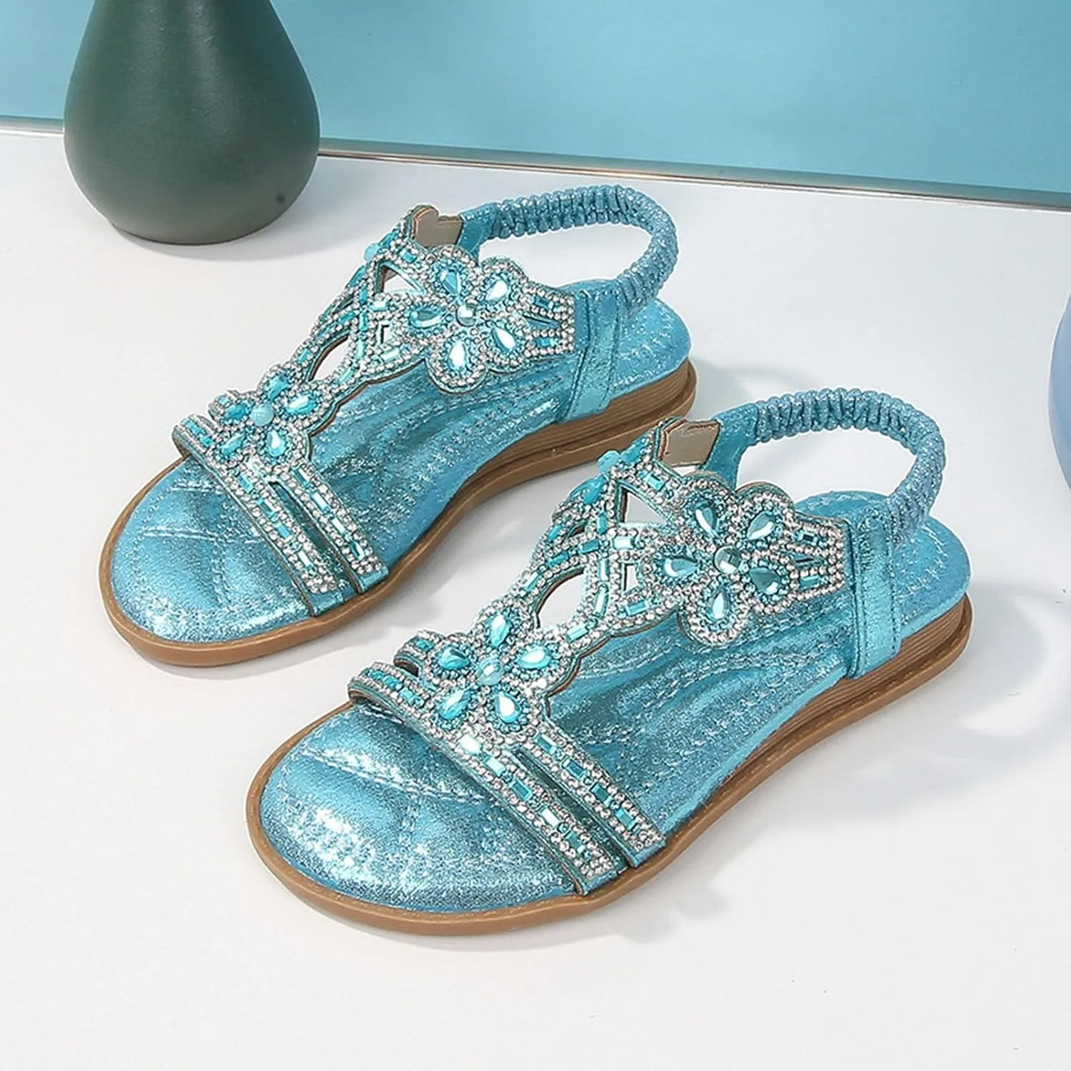 Girls Bohemian Crystal Flats Low Wedge Rhinestone Sandals Open Toe Elastic Ankle T-Strap Flip Flops for Wedding