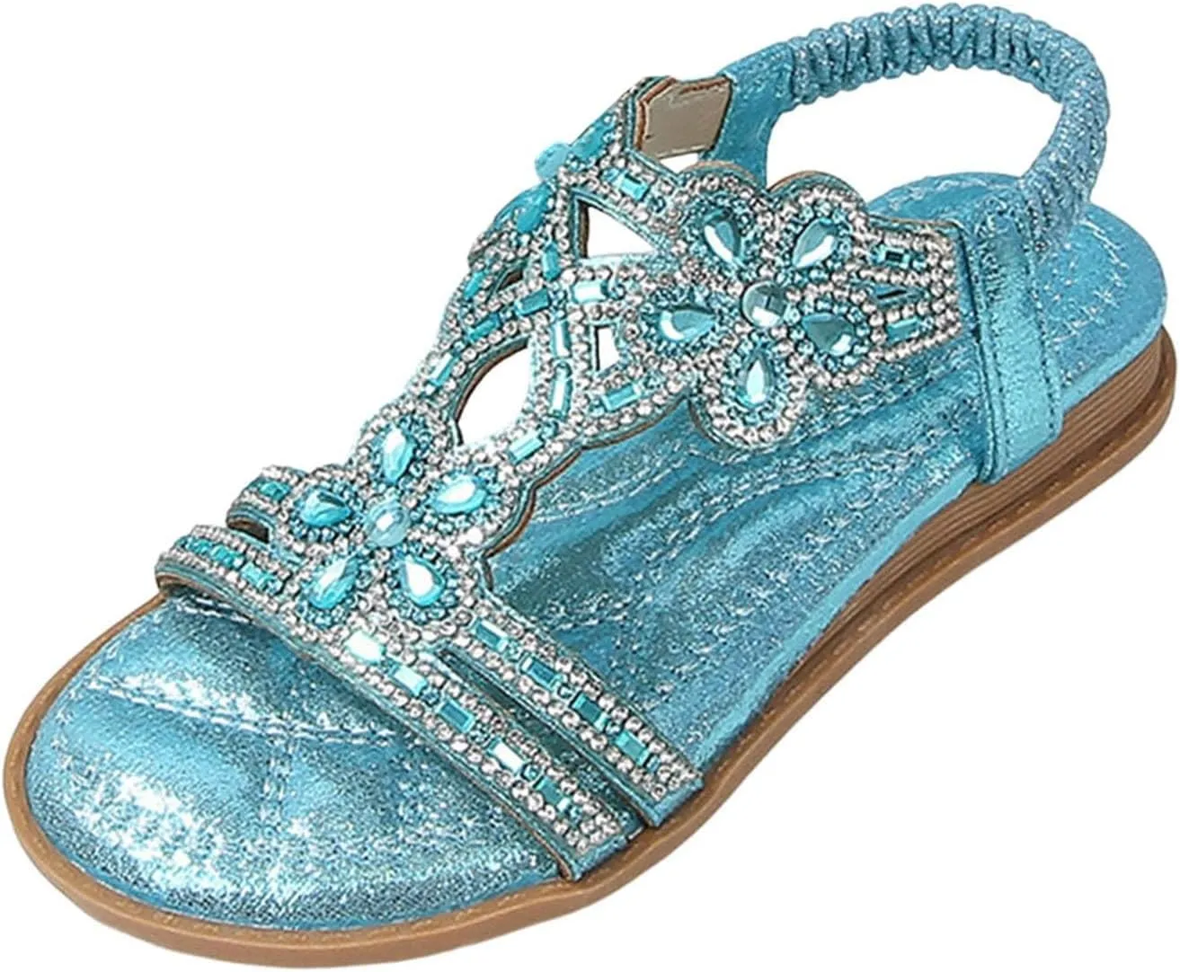 Girls Bohemian Crystal Flats Low Wedge Rhinestone Sandals Open Toe Elastic Ankle T-Strap Flip Flops for Wedding