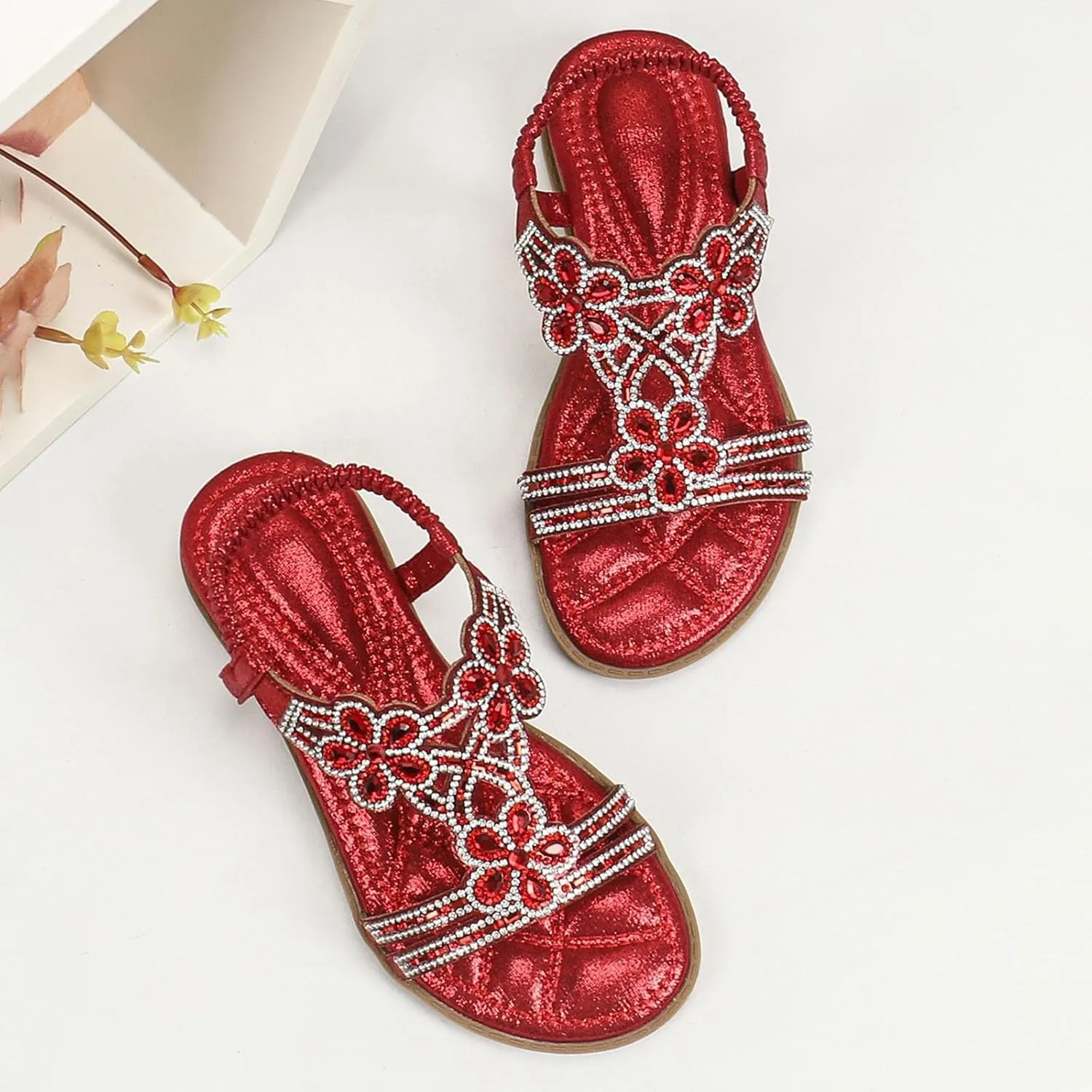 Girls Bohemian Crystal Flats Low Wedge Rhinestone Sandals Open Toe Elastic Ankle T-Strap Flip Flops for Wedding