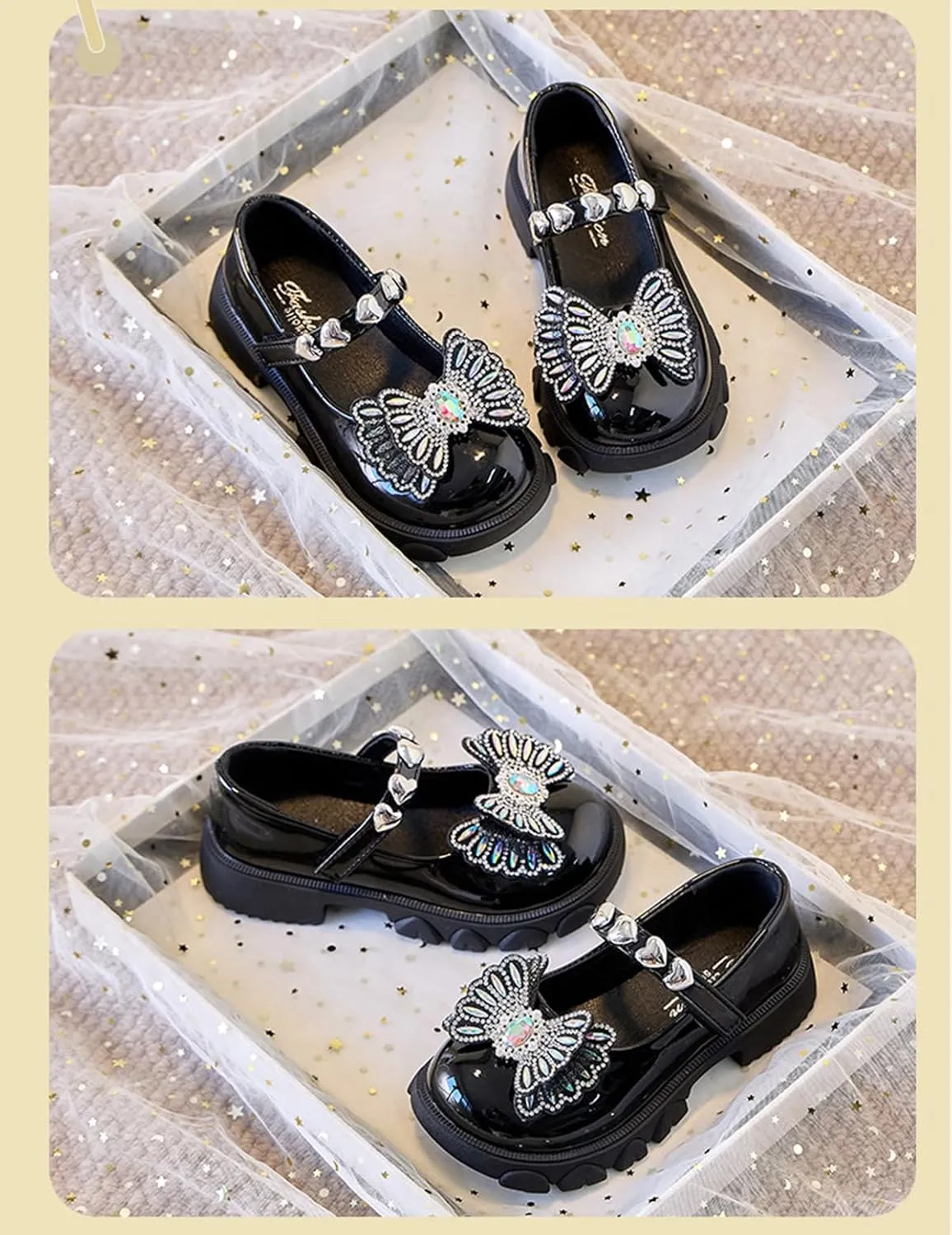 Girls Dress Shoes Party Wedding Mary Jane Shoes with Rhinestones Butterfly Princess Shoes for Toddler Little Big Kids