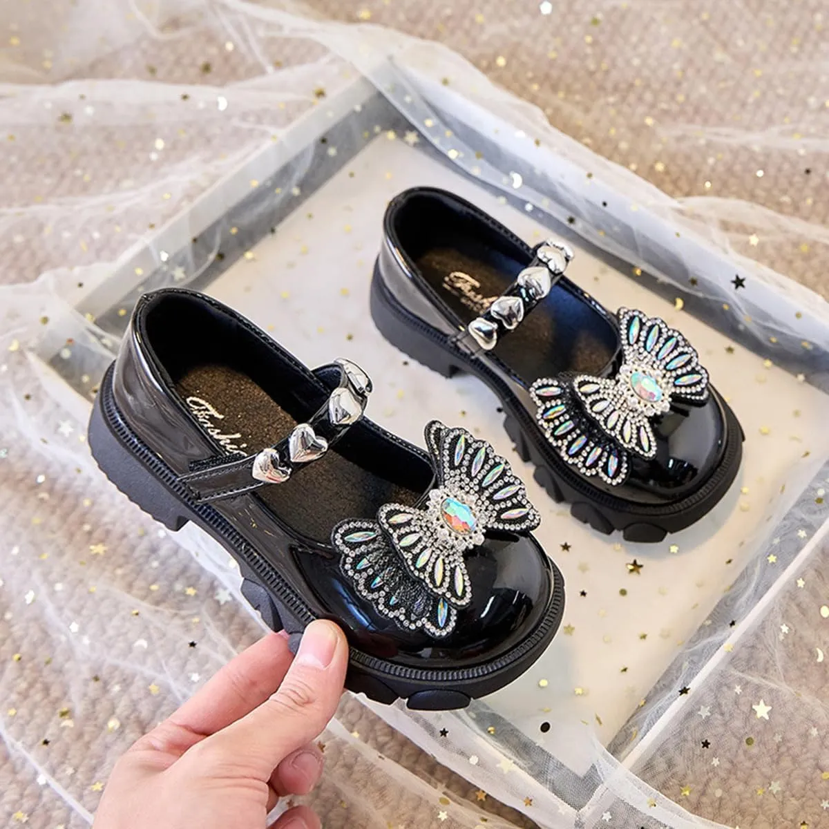Girls Dress Shoes Party Wedding Mary Jane Shoes with Rhinestones Butterfly Princess Shoes for Toddler Little Big Kids