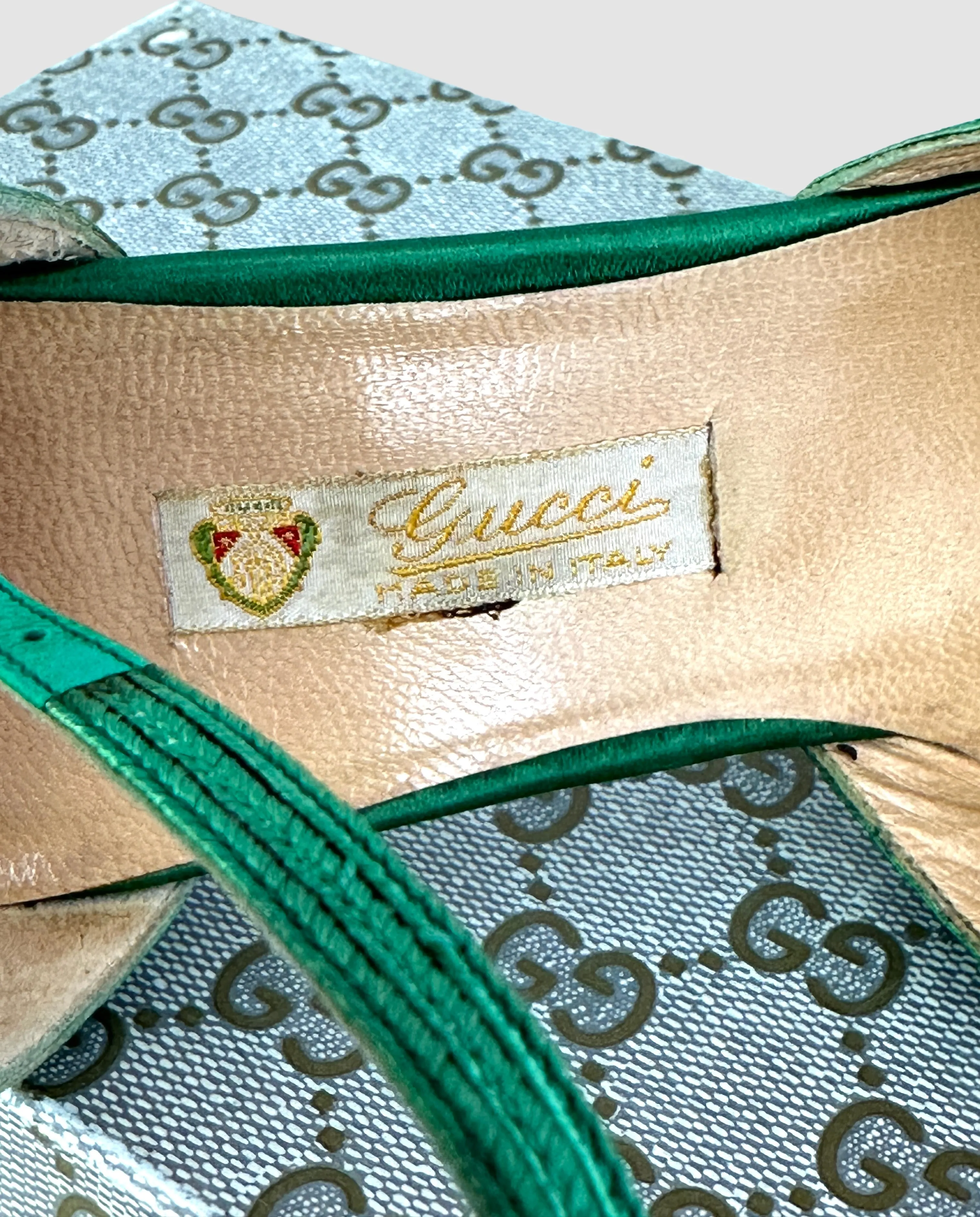 GUCCI 70s Green Satin Ankle Strap Shoes • Size 35 - 5