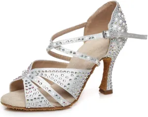 JUODVMP Women Rhinestone Ballroom Dance Shoes Latin Satin Salsa Performance Dance Shoes Model YCL428