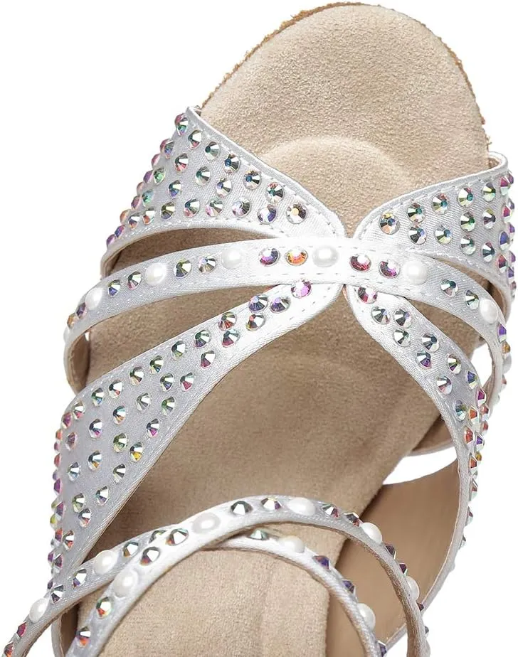 JUODVMP Women Rhinestone Ballroom Dance Shoes Latin Satin Salsa Performance Dance Shoes Model YCL428