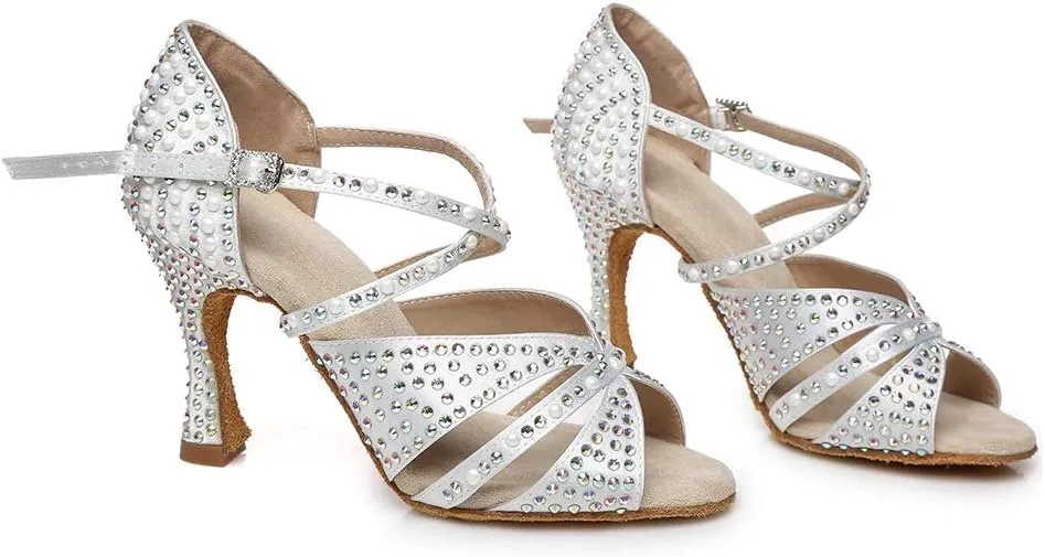 JUODVMP Women Rhinestone Ballroom Dance Shoes Latin Satin Salsa Performance Dance Shoes Model YCL428