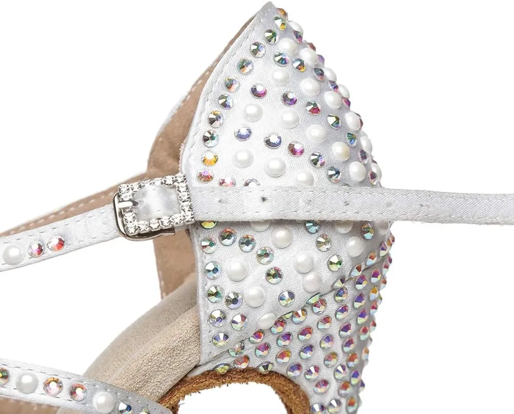 JUODVMP Women Rhinestone Ballroom Dance Shoes Latin Satin Salsa Performance Dance Shoes Model YCL428